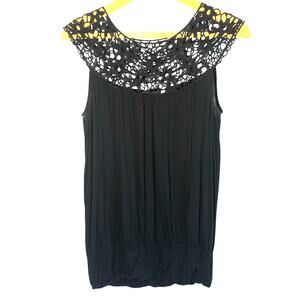 Kenar Black Sleeveless Top Crochet Neckline Medium Unique Chic Boho Romantic